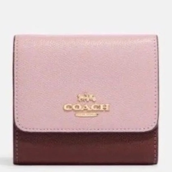Coach Small Trifold Colorblock Wallet in Pink w Wine NWT - Picture 1 of 3